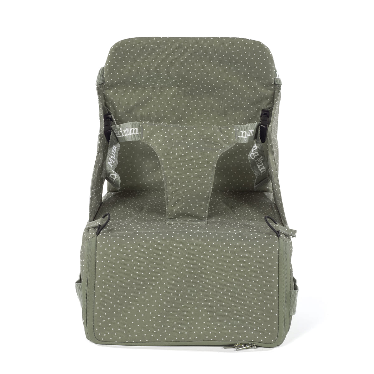 Cadeira elevatória verde com bolinhas brancas e alças cinzentas com texto branco