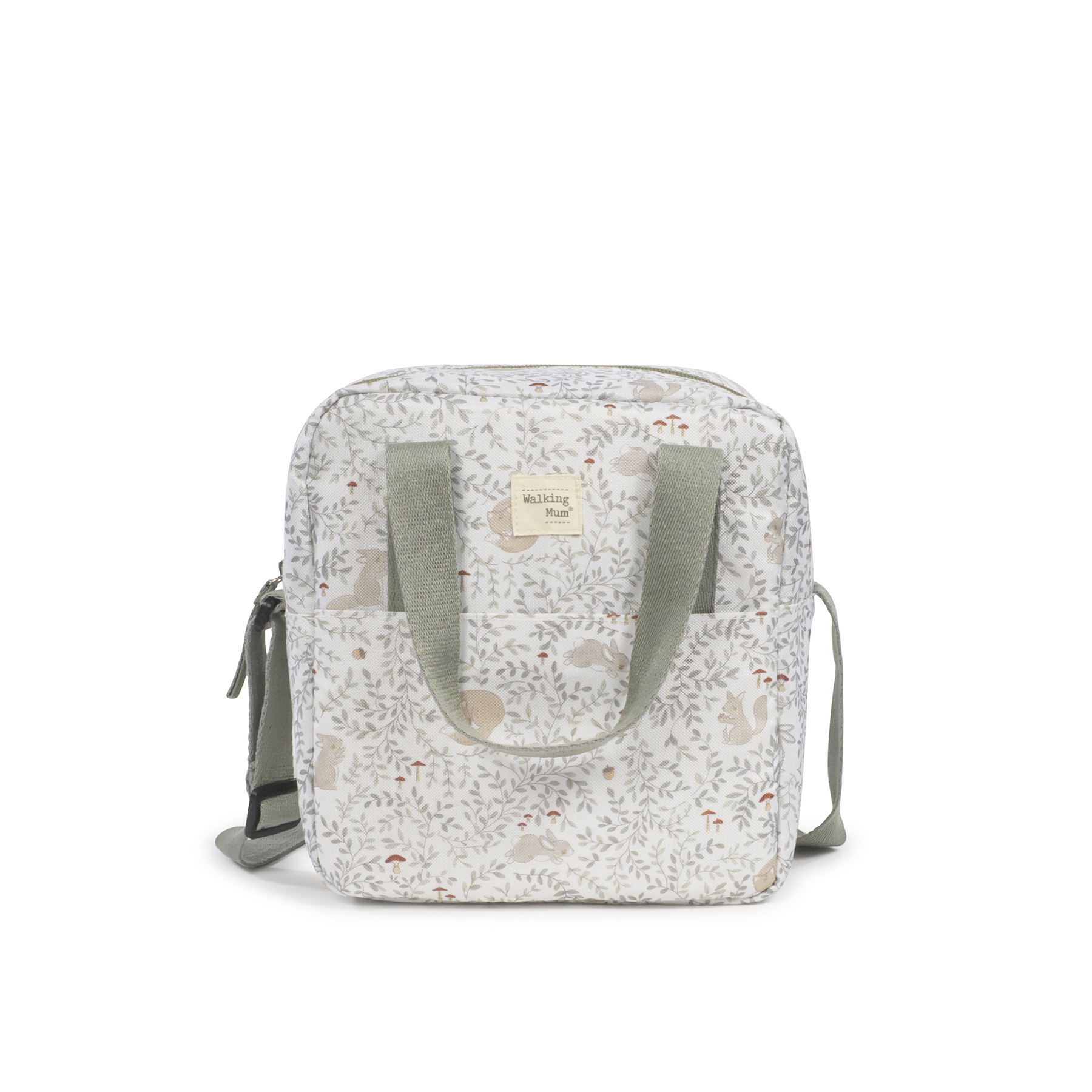Mochila com padrão de coelhos e folhas em tons pastel com etiqueta Walking Mum