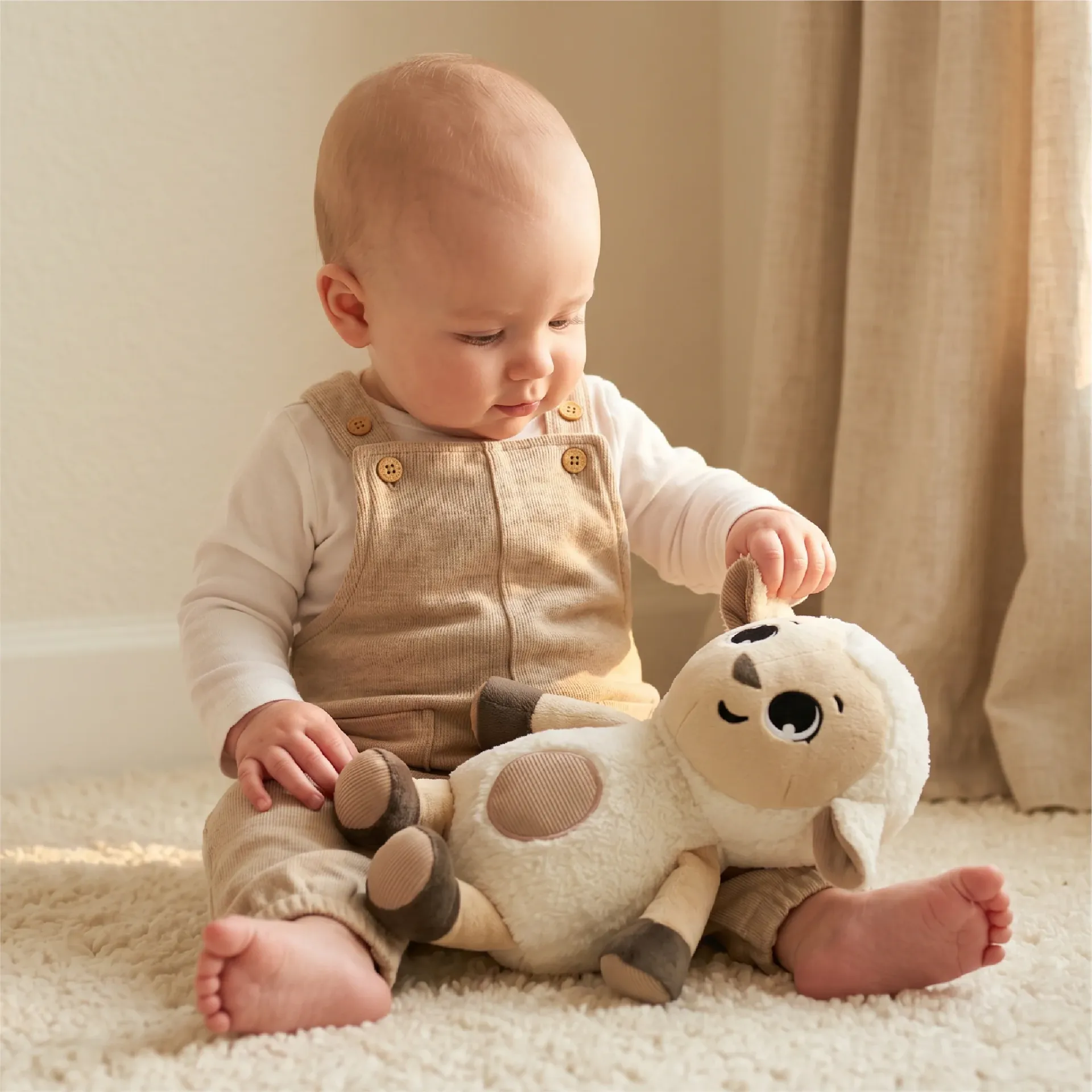 Bebé vestido com jardineira bege e camisa branca segurando peluche de ovelha