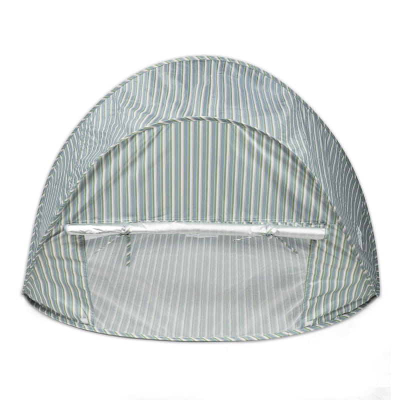 Tenda de campismo com riscas verticais verdes, brancas e azuis