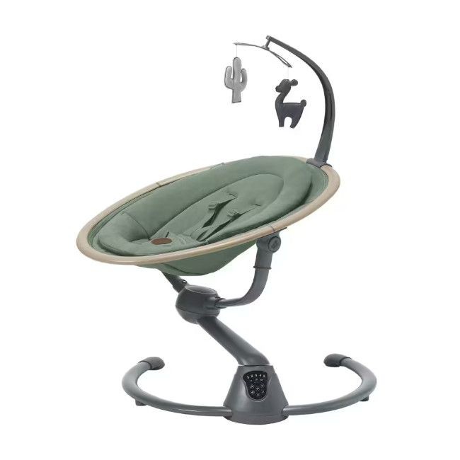 Cadeira de baloiço para bebé verde e cinza com brinquedos pendurados