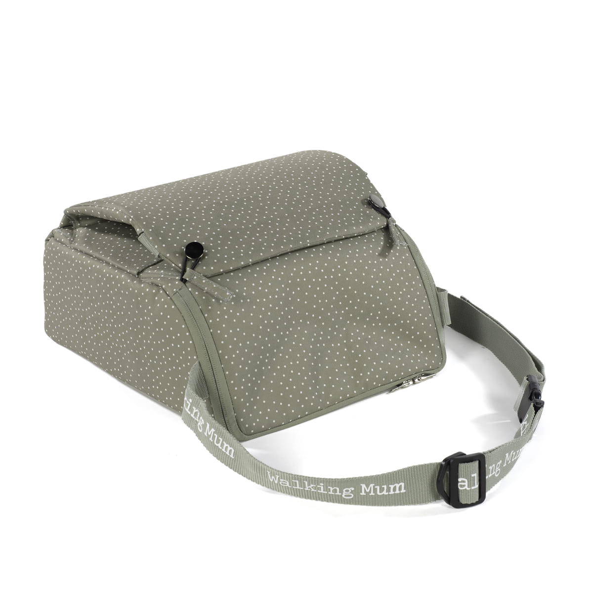 Bolsa rectangular verde-acinzentada com padrão de pontos brancos e alça com inscrição Walking Mum