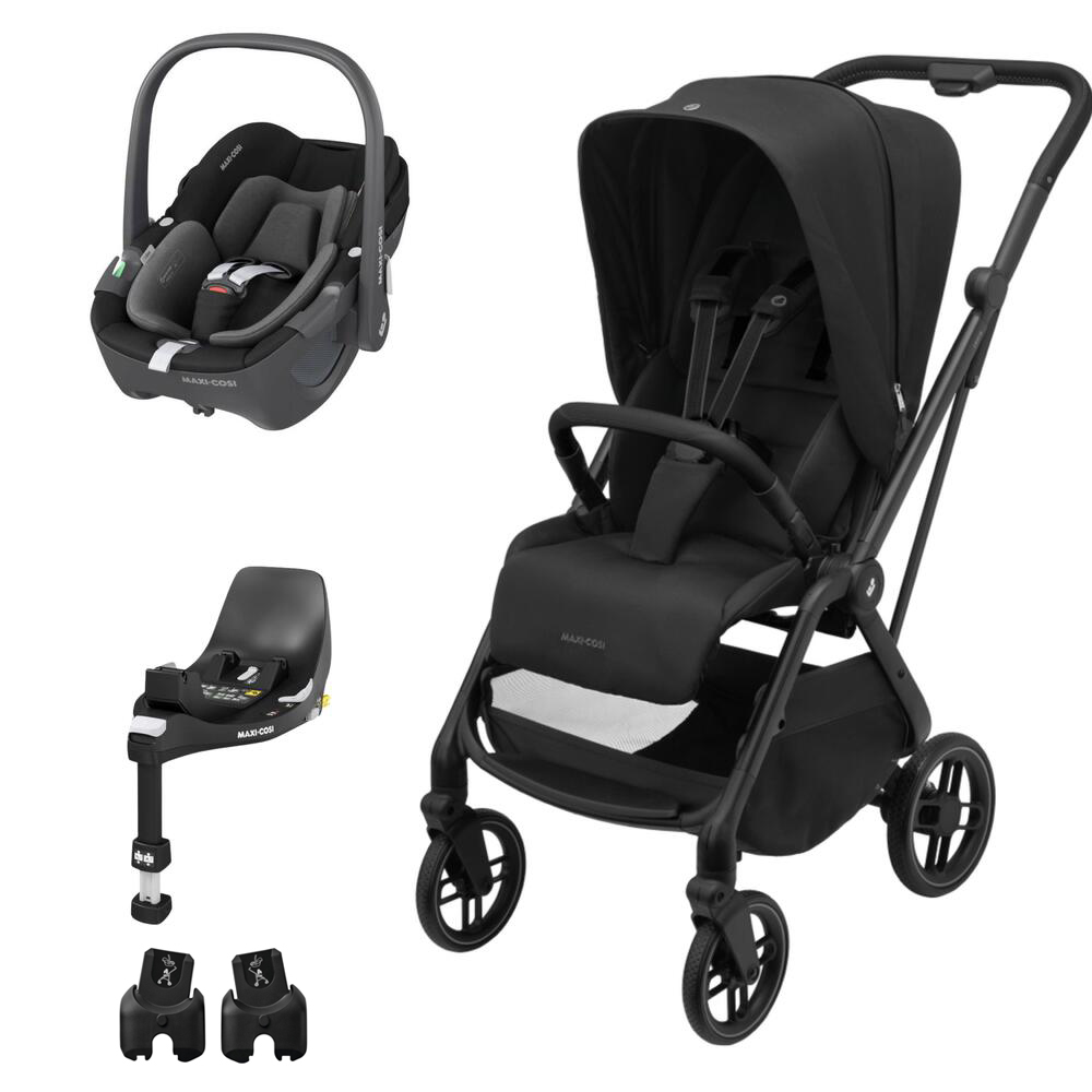 Carrinho de bebé preto e cadeira auto preta com base de fixação.