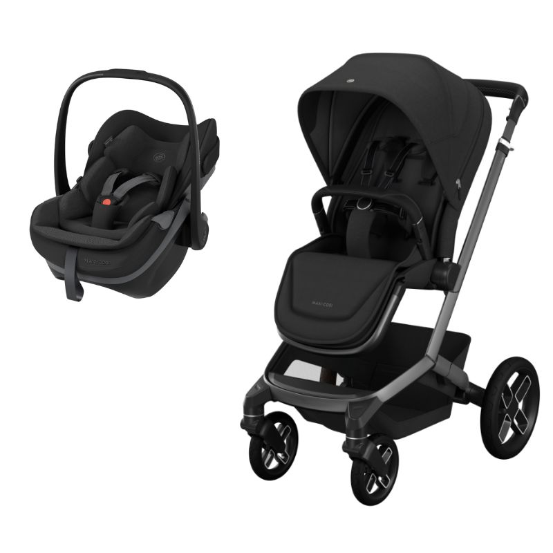 Carrinho de bebé preto da MAXI-COSI com cadeirinha auto preta