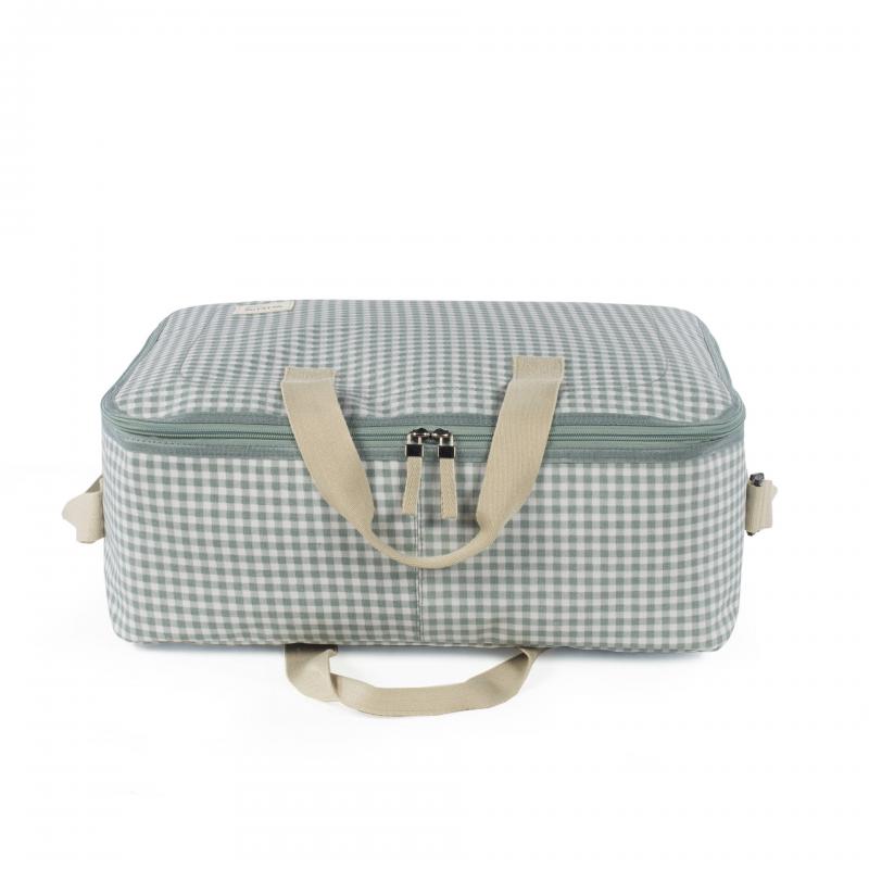 Mala de viagem retangular xadrez cinza e branco com alças bege e fecho verde claro
