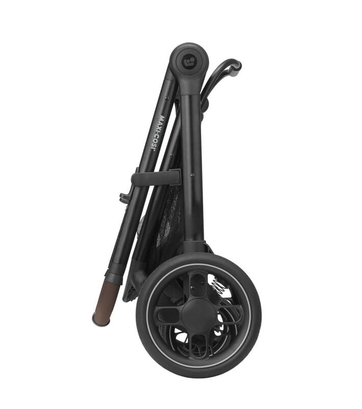 Carrinho dobrável preto com roda grande e punho castanho