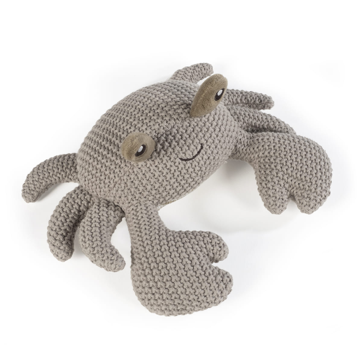 Brinquedo de pelúcia caranguejo tricotado cinza claro com olhos castanhos e boca bordada