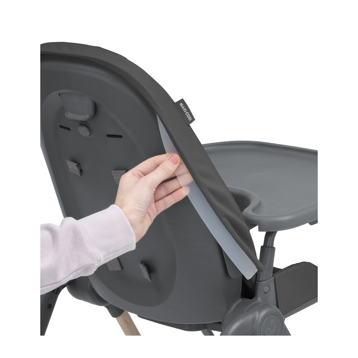 cadeira alta de bebé cinzenta com forro removível e bandeja