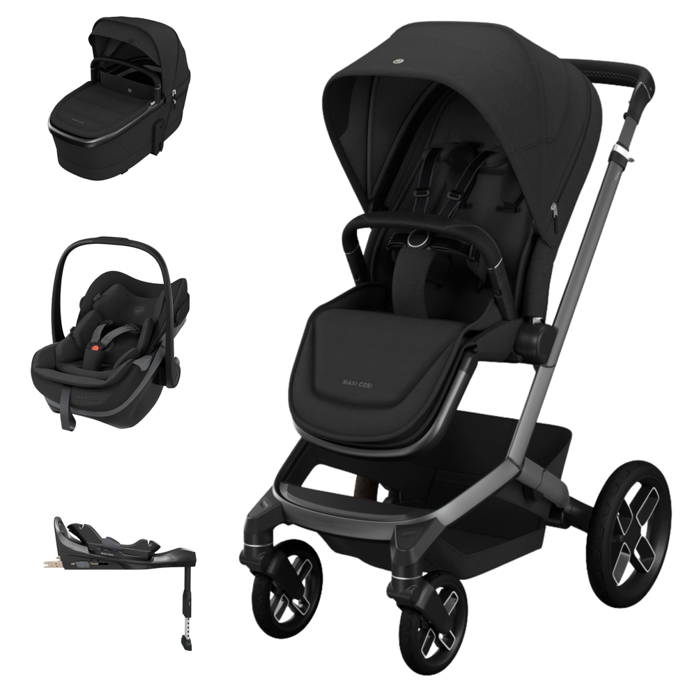Carrinho de bebé preto MAXI-COSI com alcofa, cadeirinha e base para auto