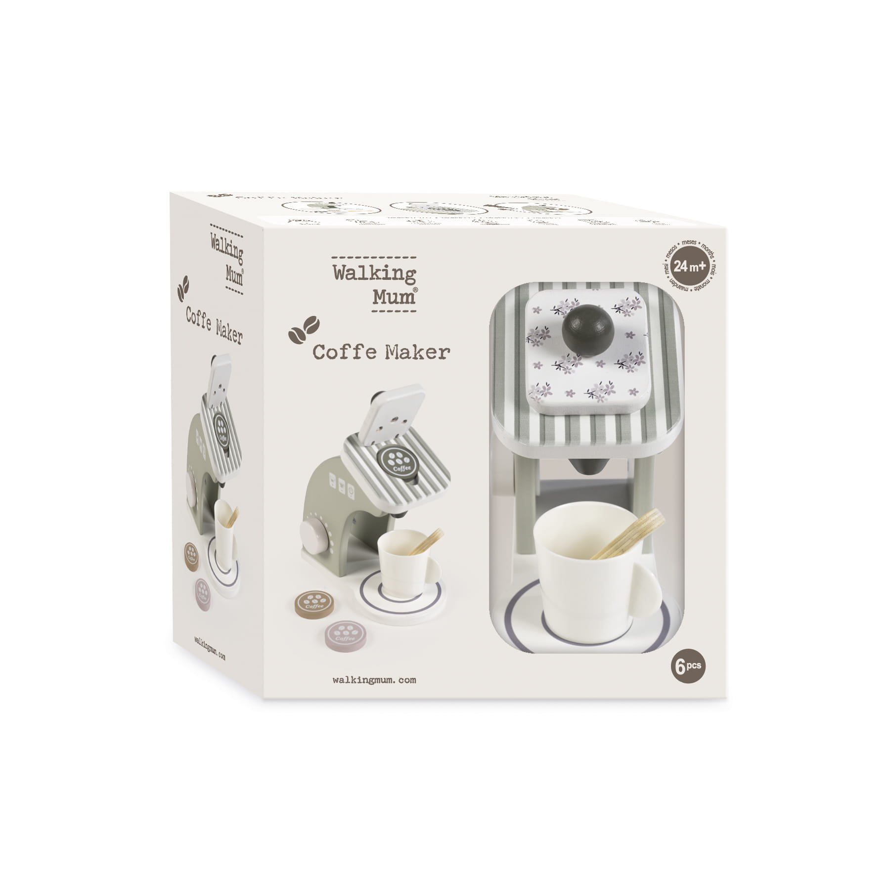 Embalagem de brinquedo de cafeteira com caneca e colher em madeira