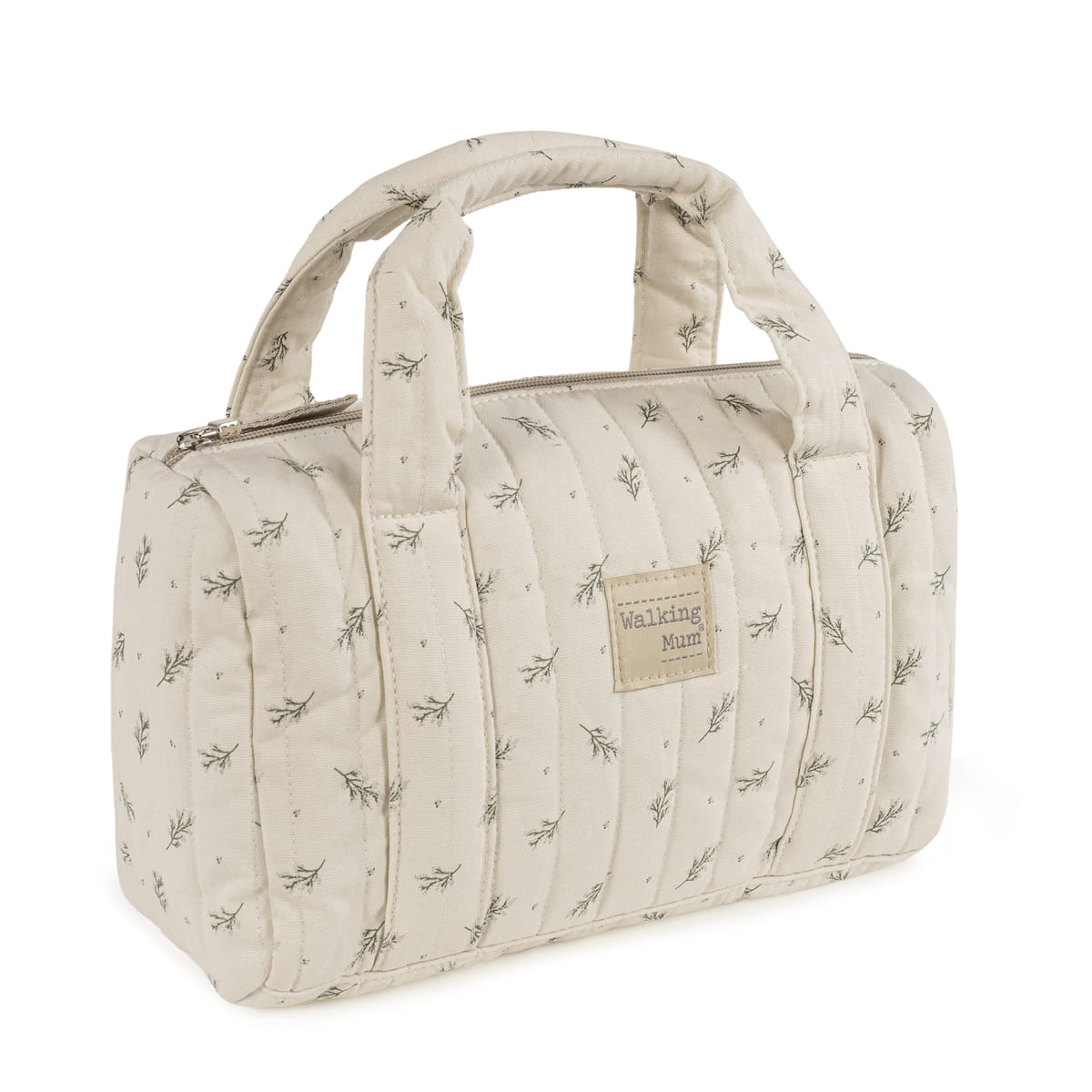 Mala acolchoada creme com flores verdes e alças acolchoadas