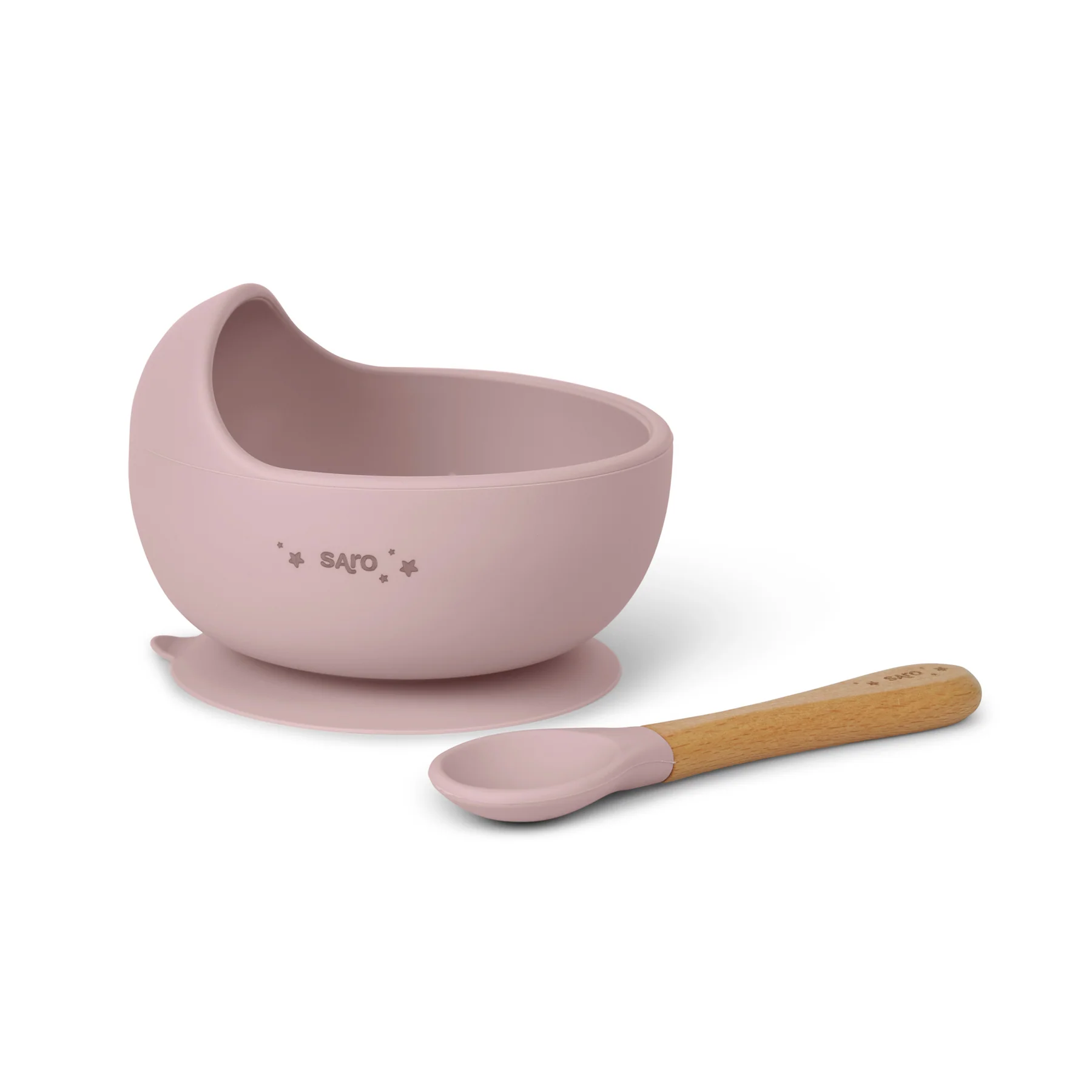 Conjunto de taça e colher para bebé cor-de-rosa e madeira
