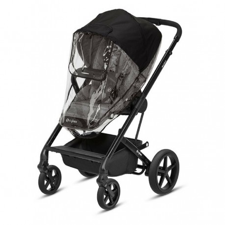 Carrinho de bebé preto com cobertura transparente e preta