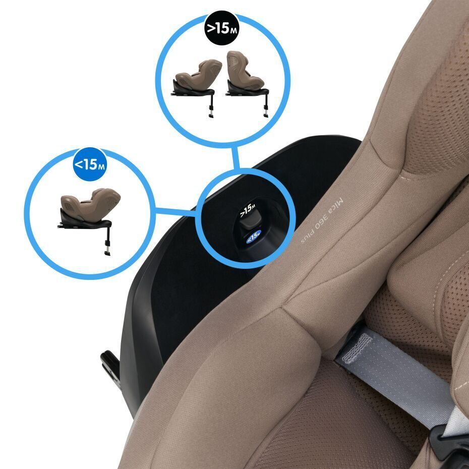 Cadeira auto para criança bege com arnês cinzento e marcações para idades >15 M e