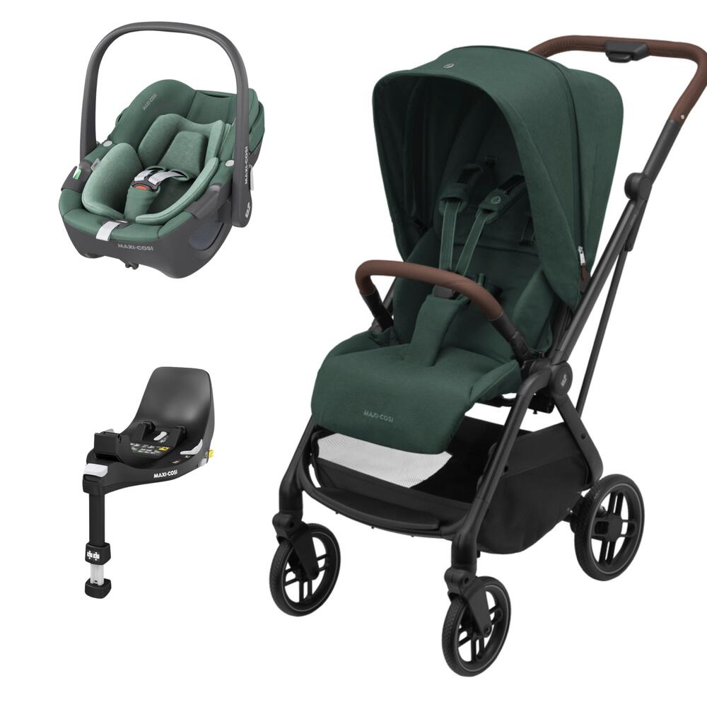 Carrinho de bebé verde escuro com módulo de transporte infantil e base preta