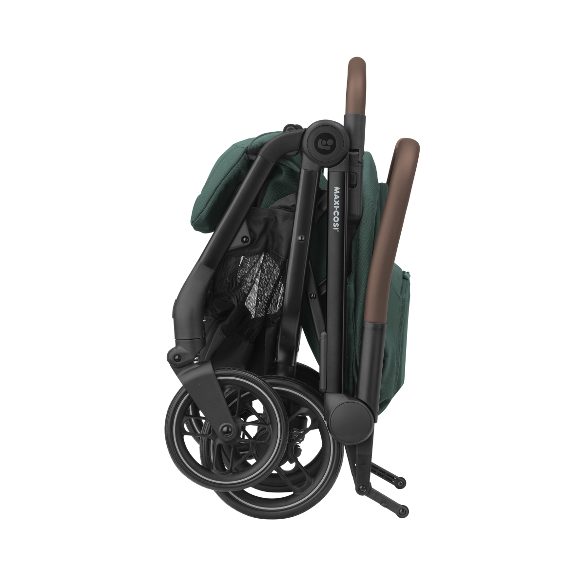 Carrinho de bebé dobrado verde escuro com estrutura preta e punhos castanhos