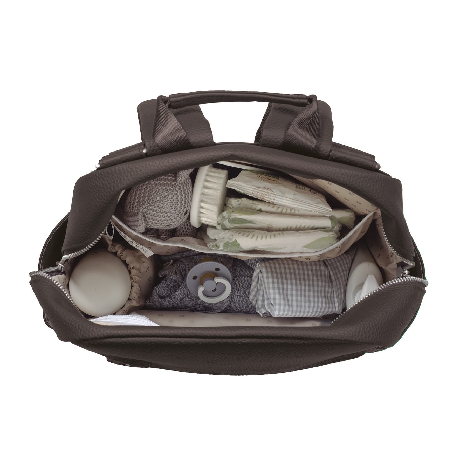 Mala castanha aberta com itens de bebé visíveis no interior