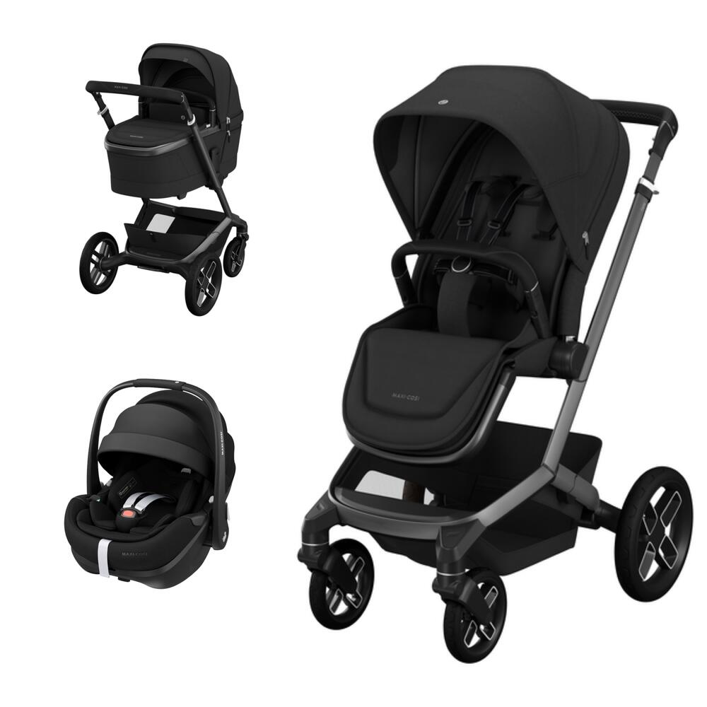 Conjunto de carrinho de bebé preto com alcofa, assento e cadeira auto