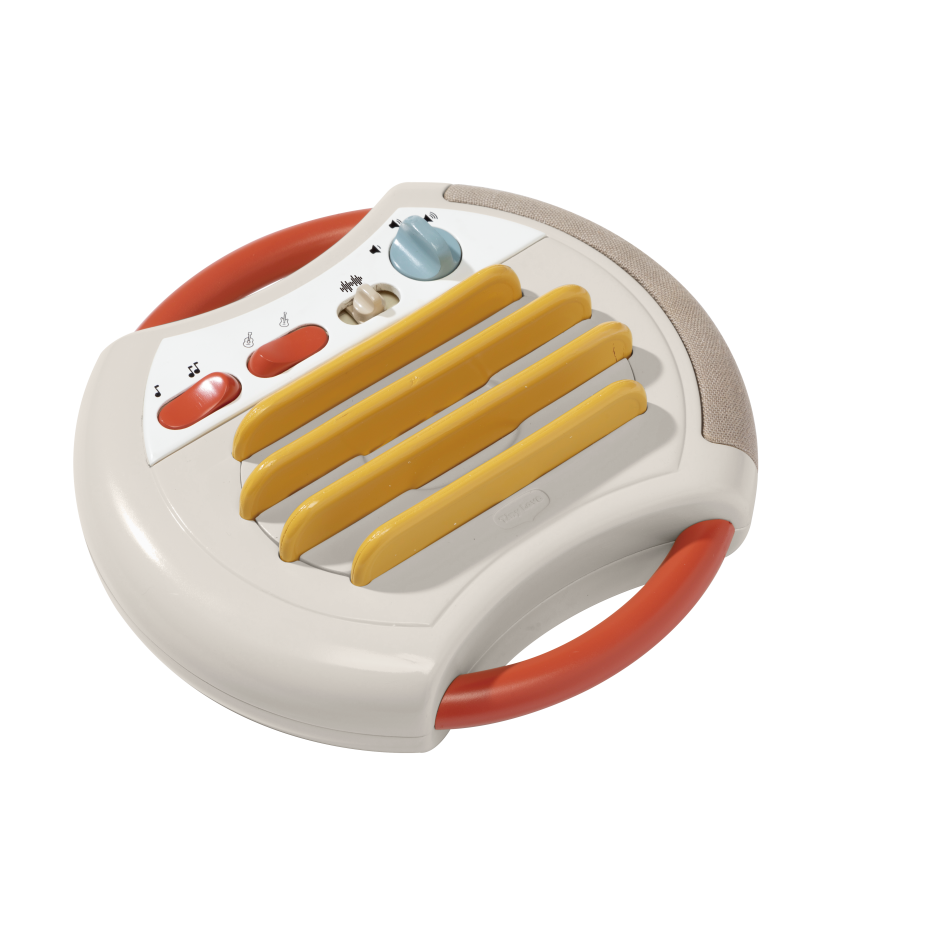 Conjunto de pentes amarelos numa base branca com punhos vermelhos e controlos