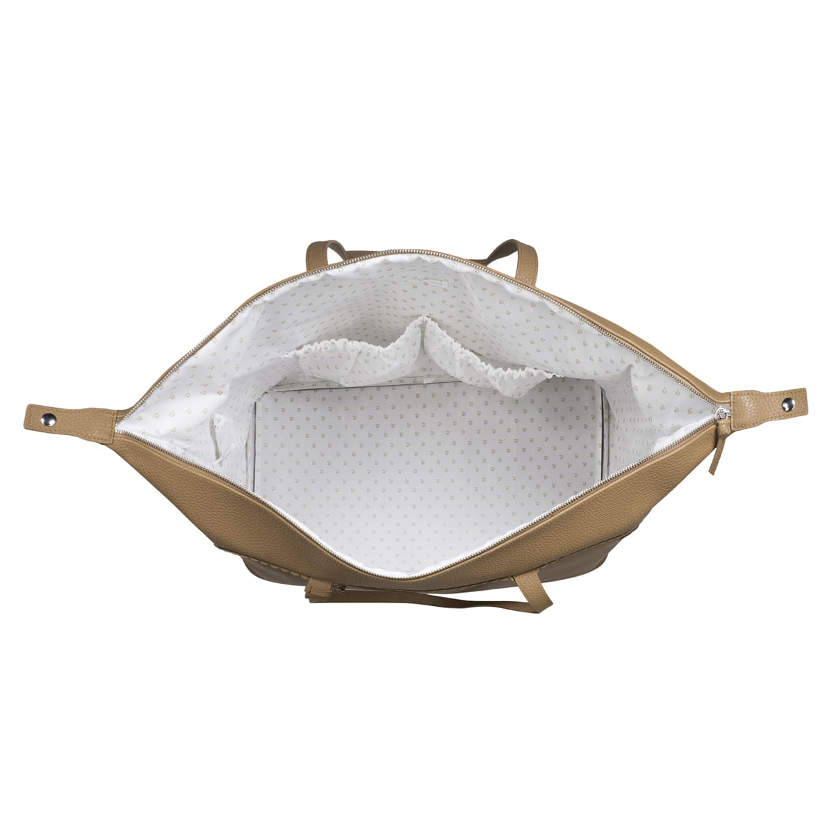 Bolsa tote camel vista de cima com interior branco e padrões de pontos