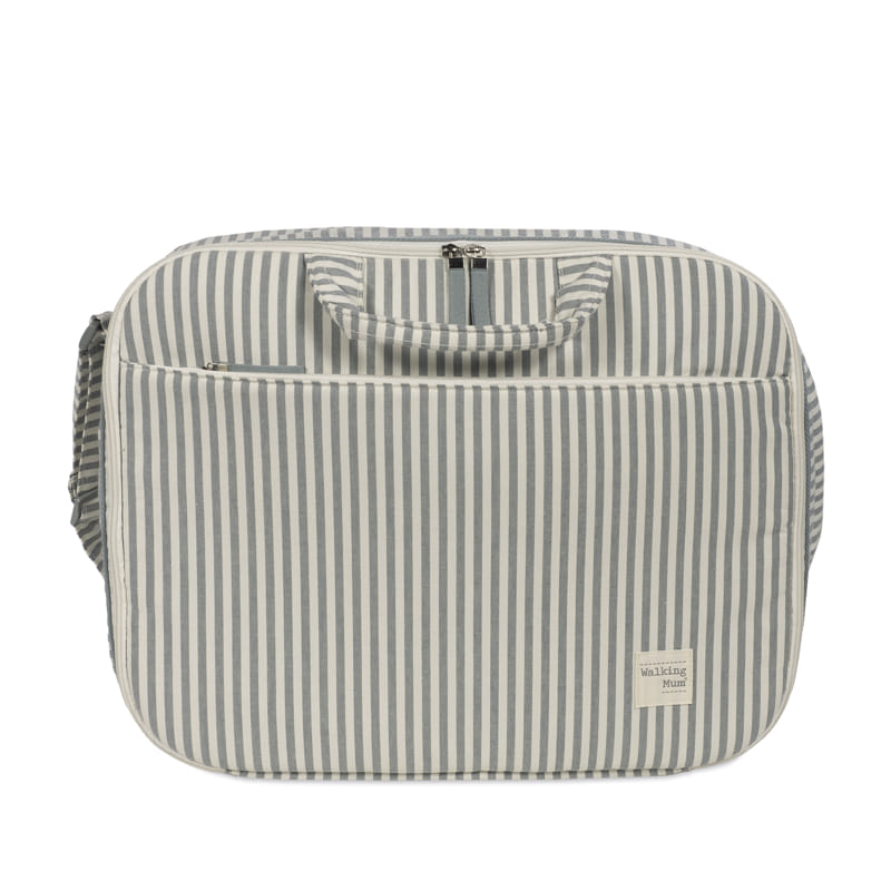 Bolsa cinza e branca listrada com alça e bolso frontal