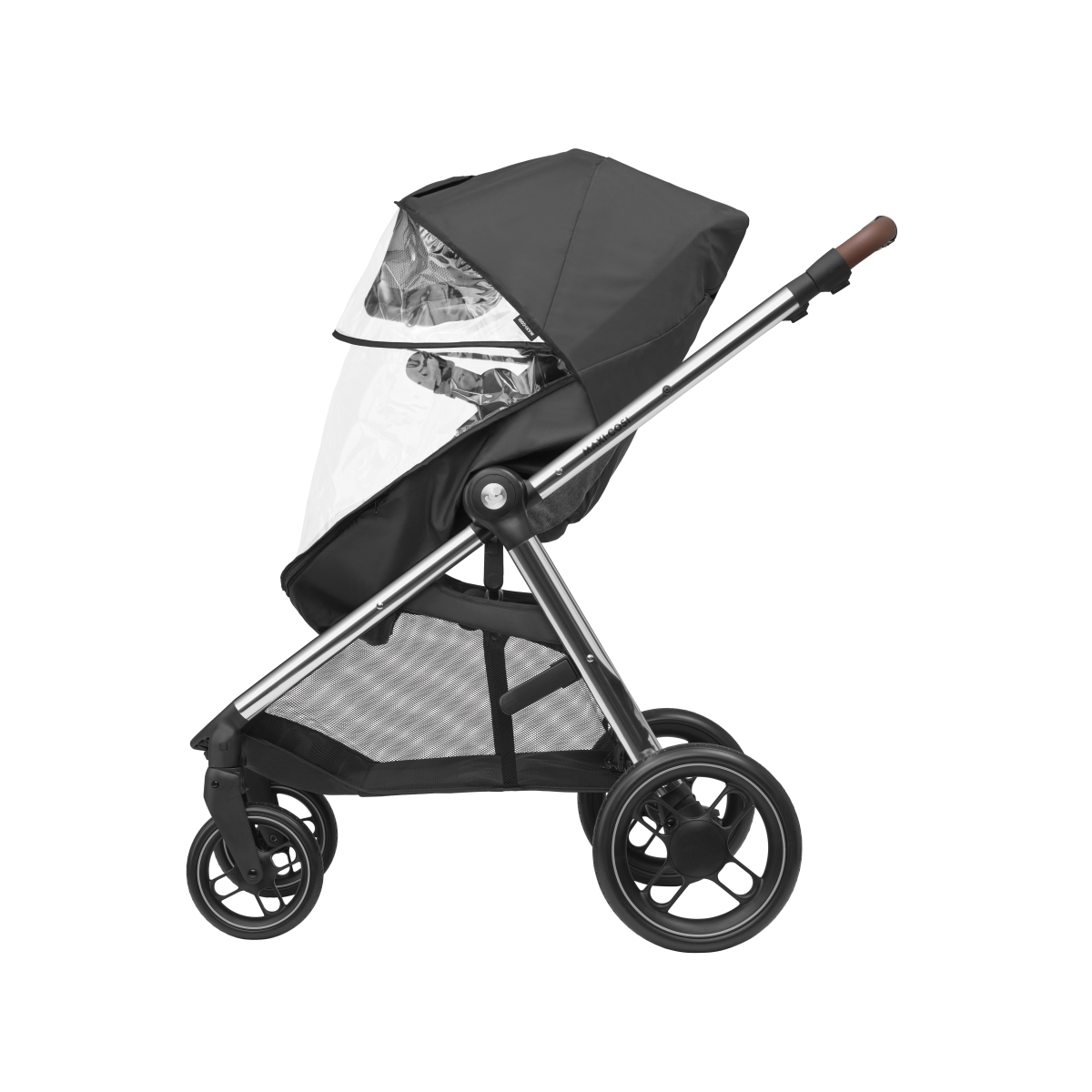 Carrinho de bebé preto com capa transparente anti-chuva