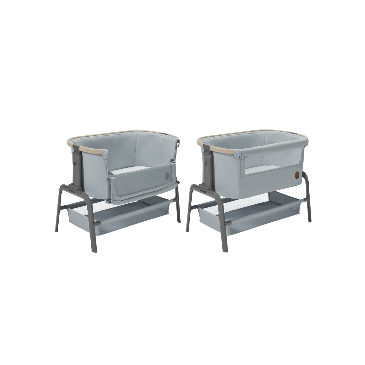 Berços colecho cinzento claro com estrutura metálica cinza escuro.