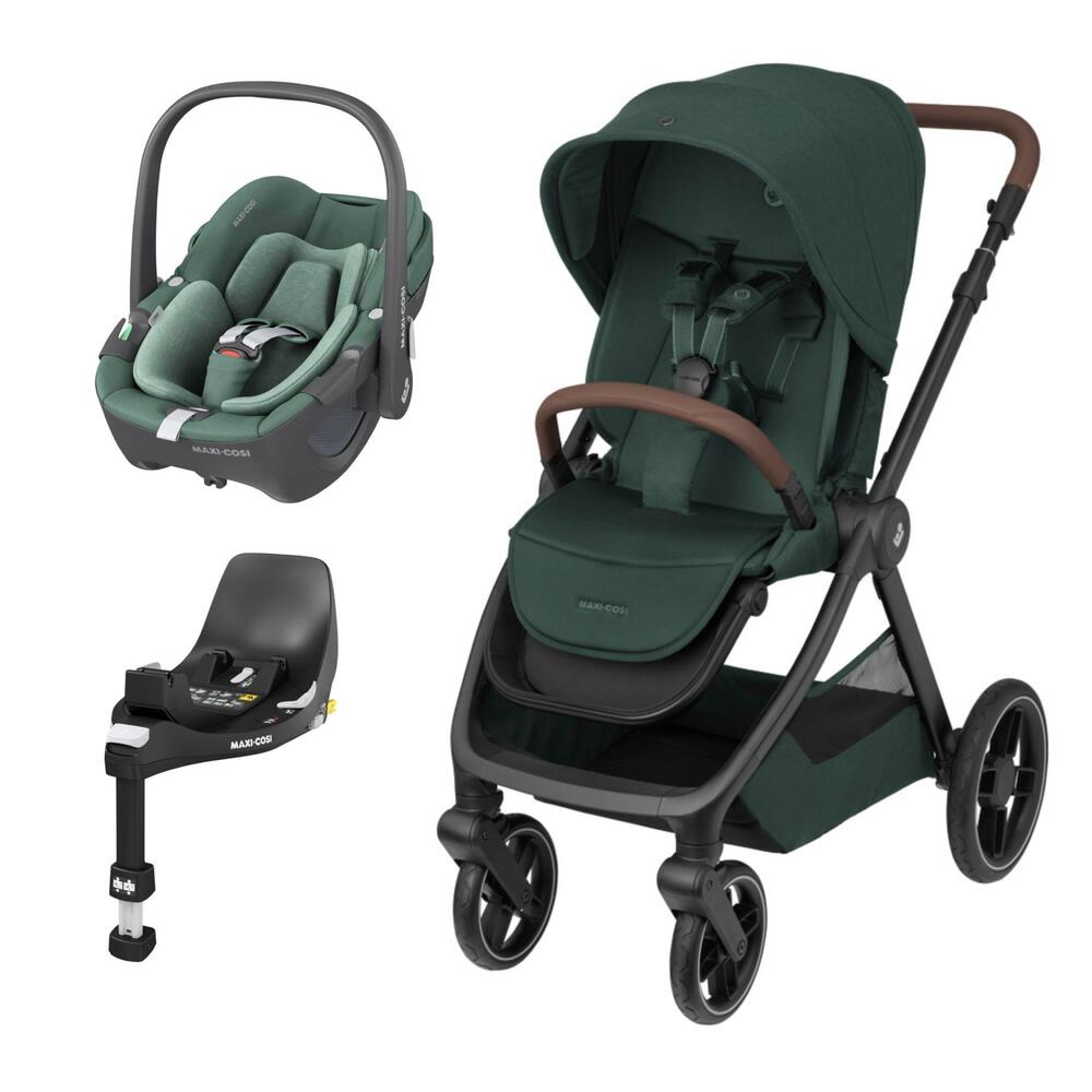 Carrinho de bebé verde escuro com cadeira auto e base preta