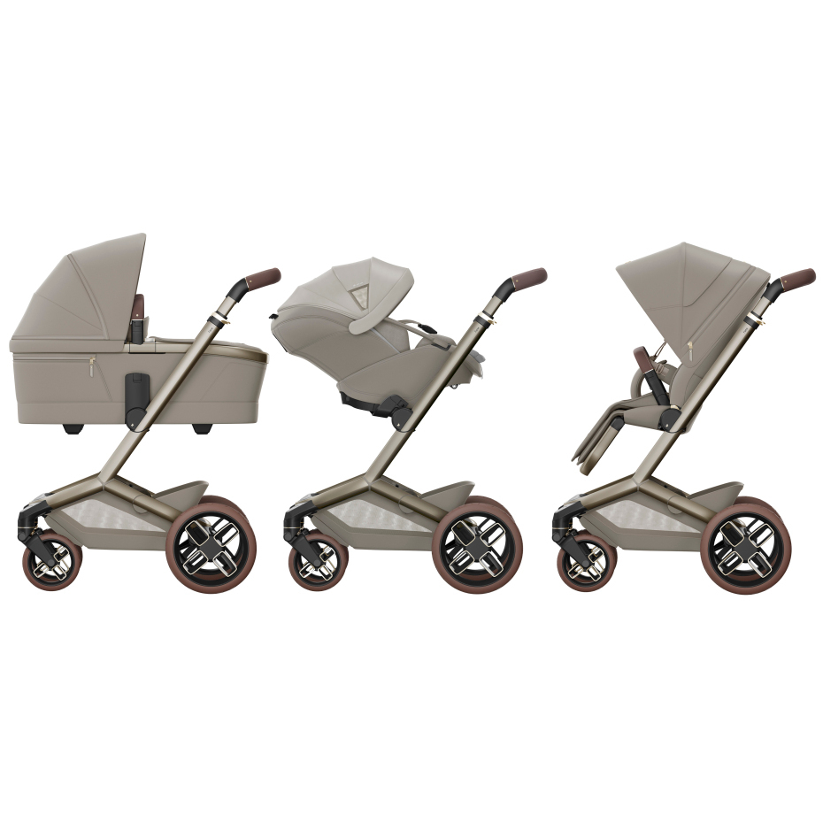 Carrinho de bebé modular cinza com estrutura dourada e rodas castanhas em três configurações.