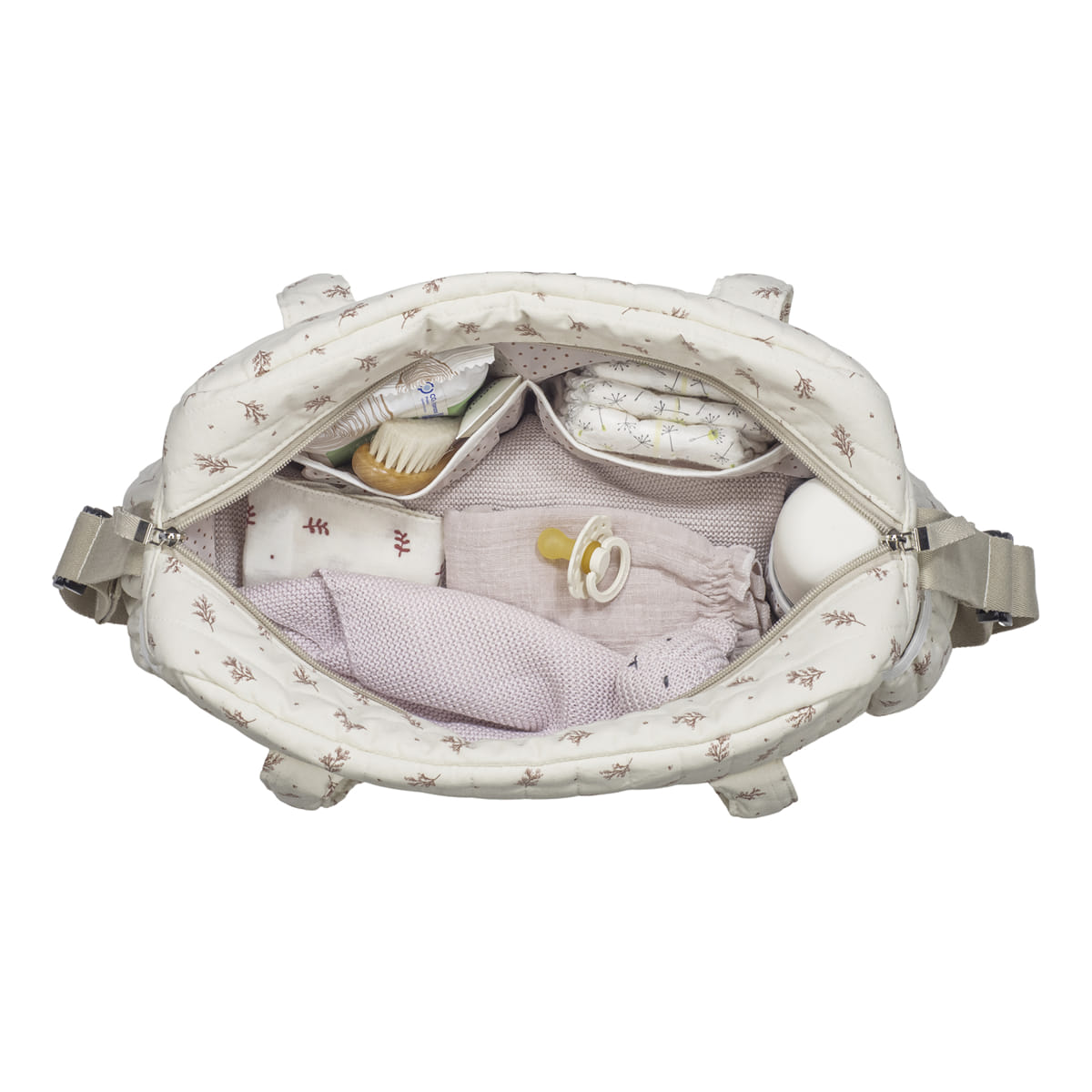 Mala de bebé creme com padrão de folhas e interior organizado