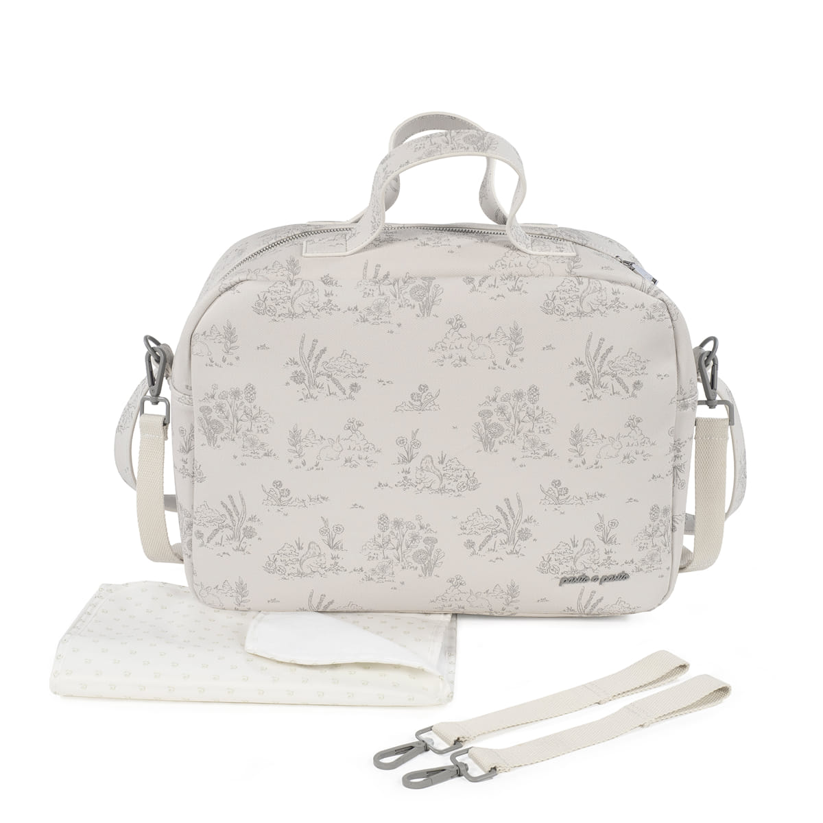Mala infantil bege com padrão floral cinzento e acessórios