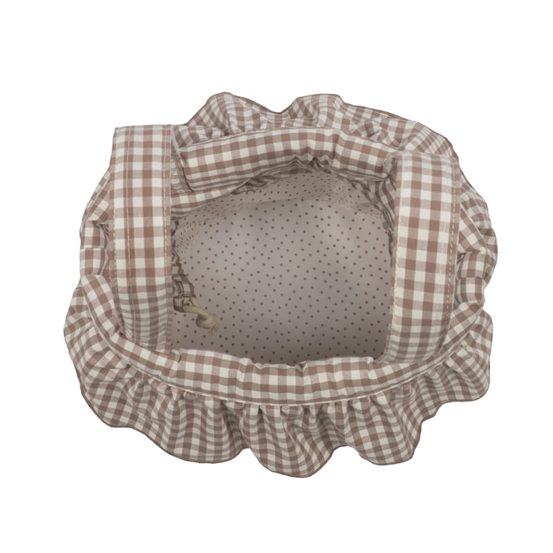 Saco de pano xadrez castanho e branco com interior de pontos castanhos