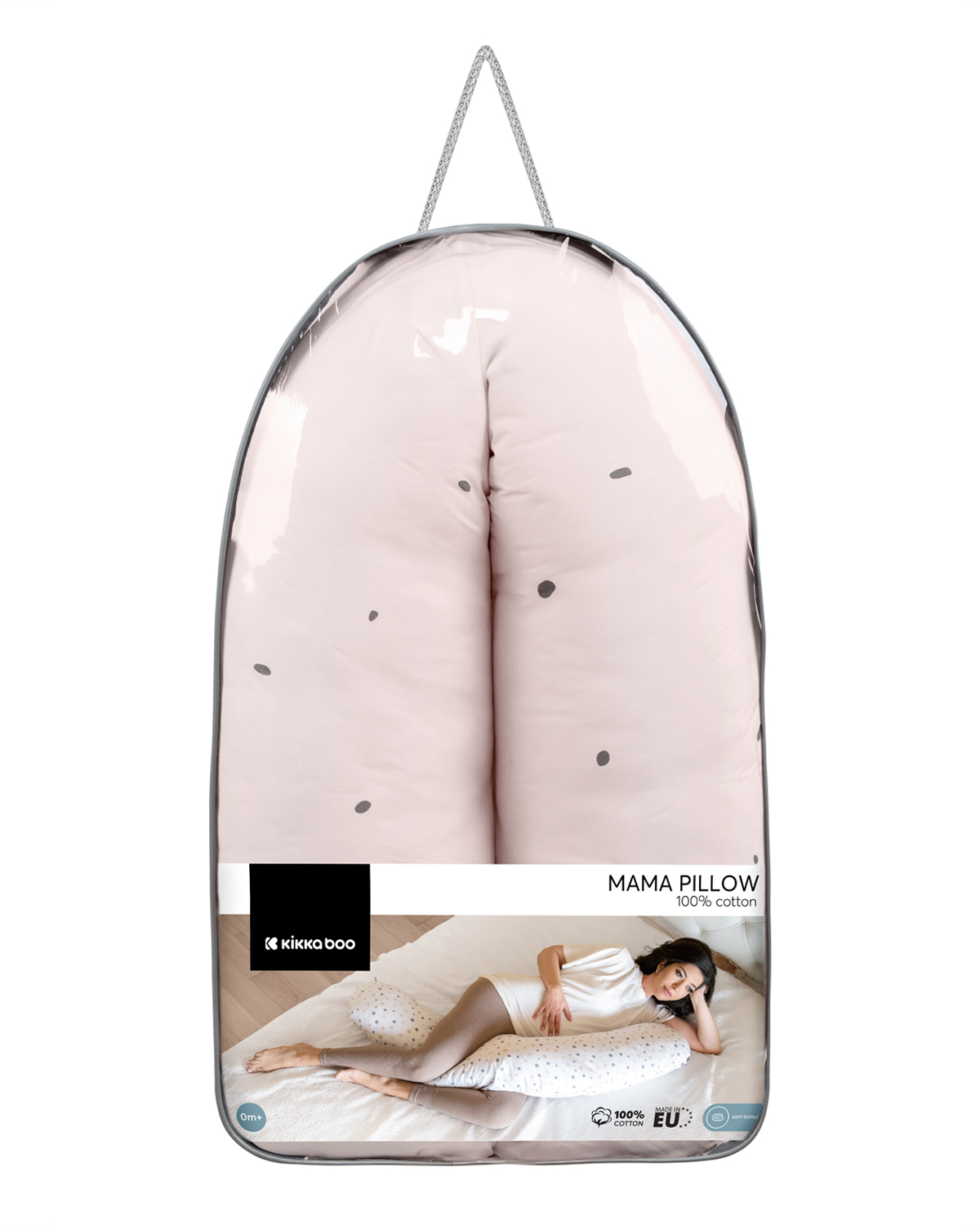 Travesseiro para mães rosa claro com pontos cinzentos e embalagem transparente