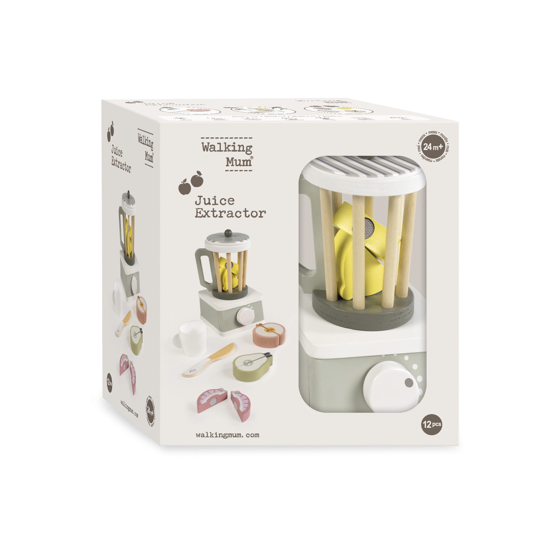 Brinquedo extrator de sumo de madeira com frutas amarelas na caixa branca