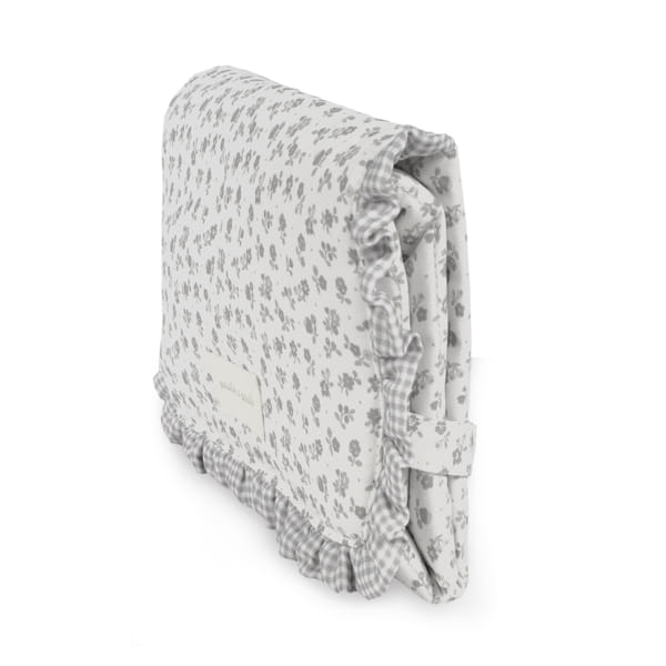 Bolsa dobrável branca com padrão de flores cinza e folho xadrez