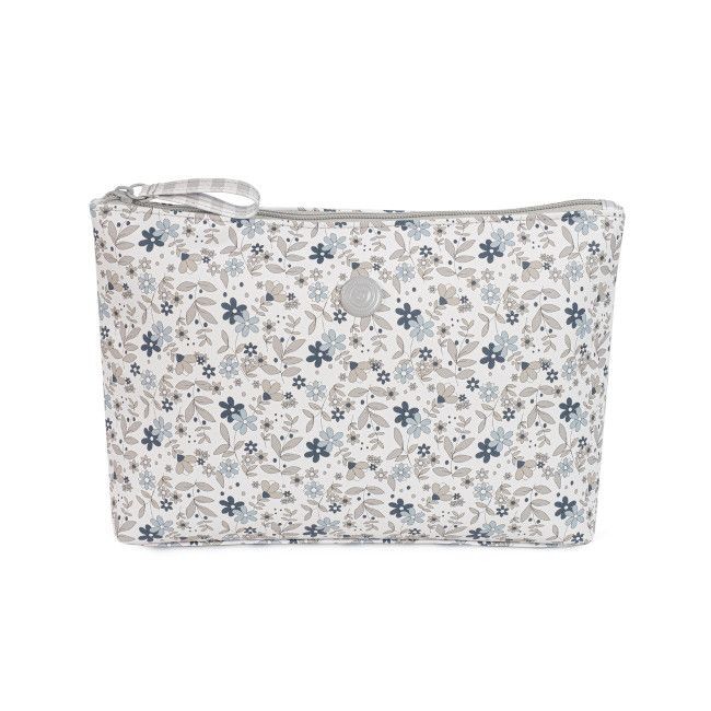 Estojo branco com padrão floral azul, cinza e bege e fecho de correr