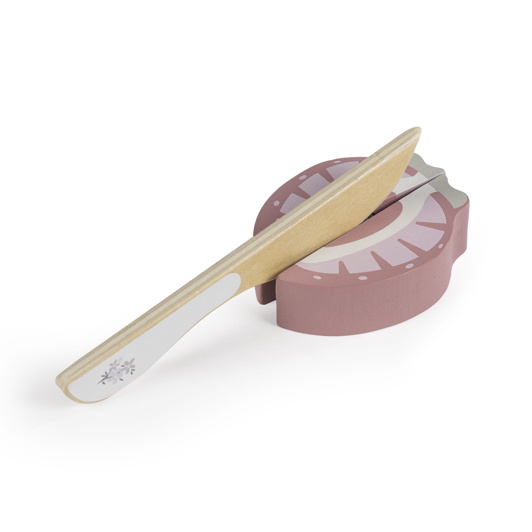 Brinquedo em madeira com alimento rosa cortado e faca decorada