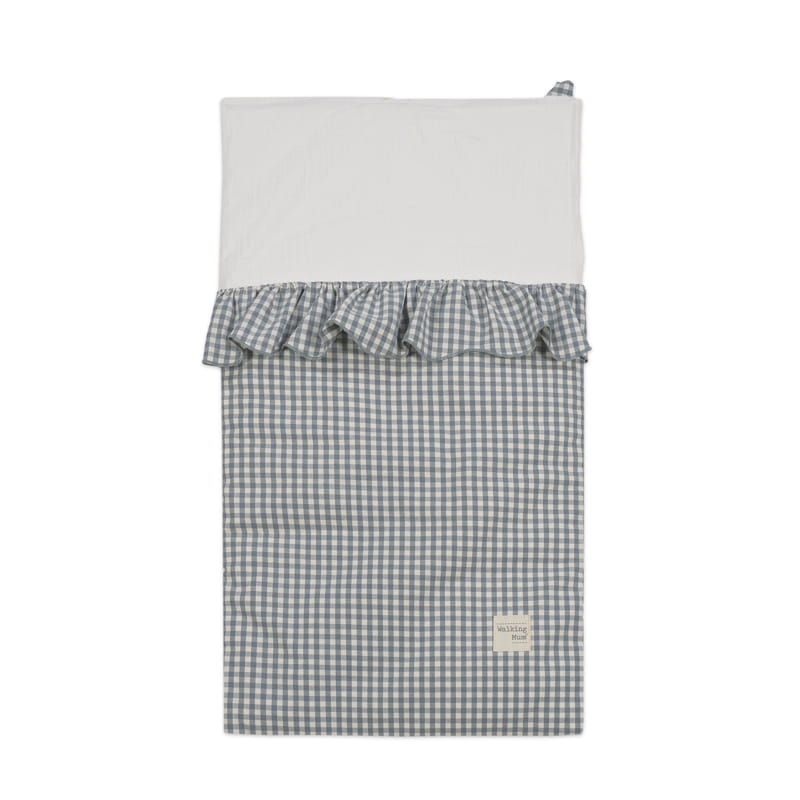 Saco de dormir para bebé azul e branco com folho xadrez e etiqueta