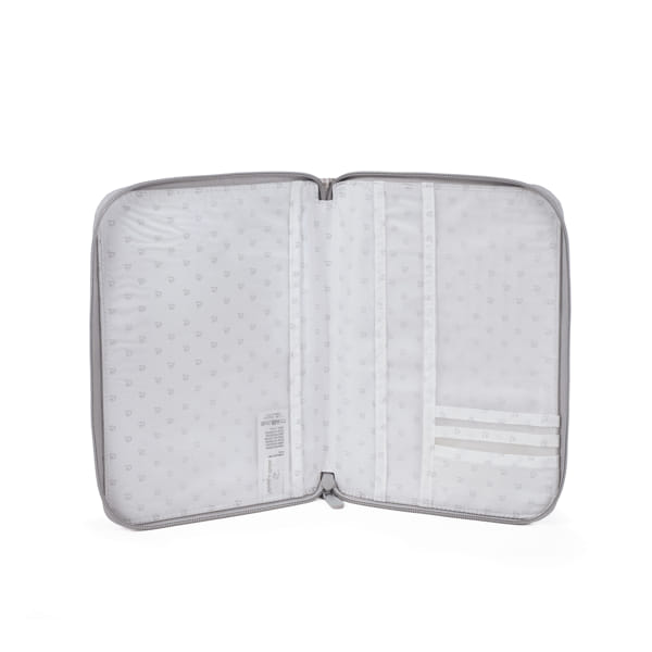 Estojo cinzento aberto com interior branco e padrão repetitivo