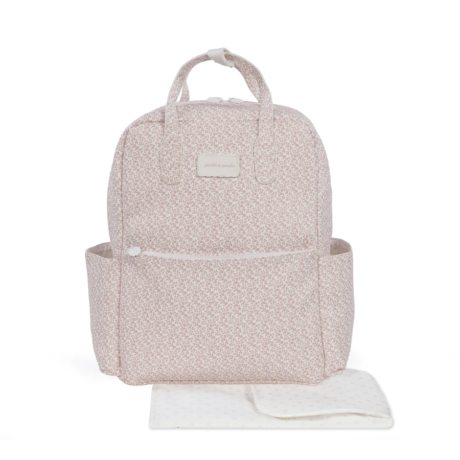 Mochila rosa floral clara com troca-fraldas branca