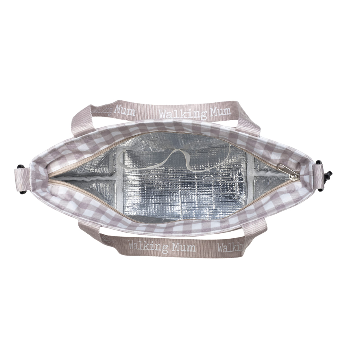 Mala térmica em tecido xadrez bege e branco com alças com texto 