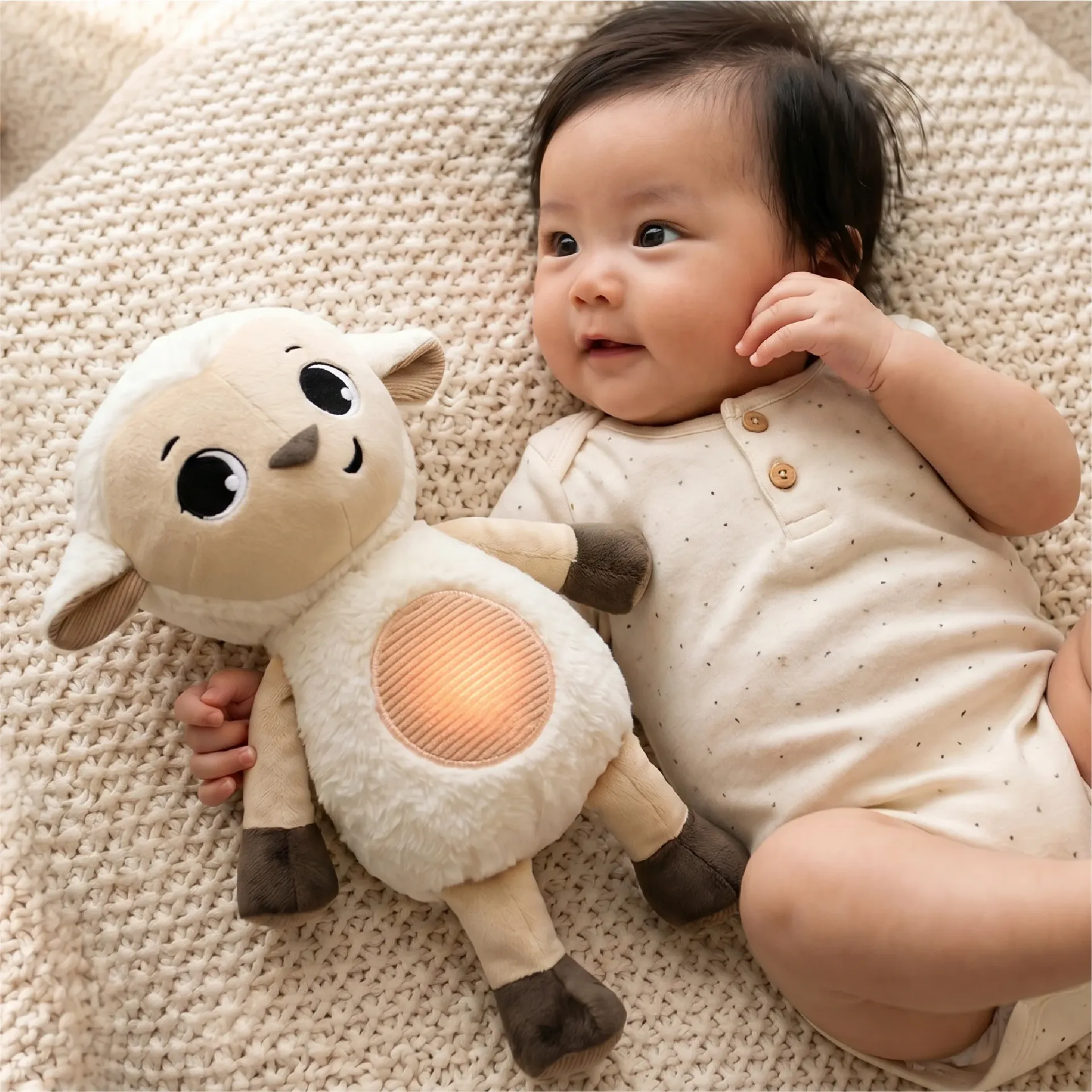 Bebé com body bege e peluche de ovelha bege sobre manta cremosa texturada