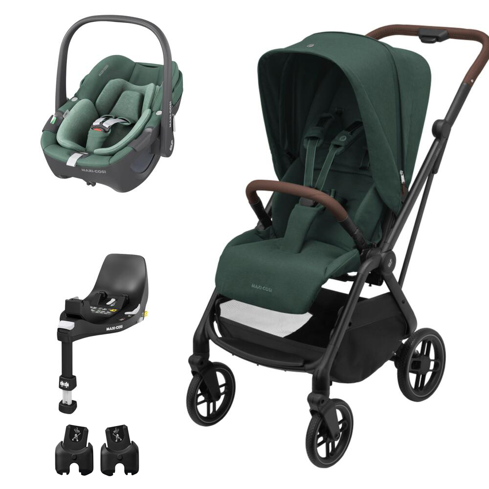Carrinho de bebé verde escuro com cadeira auto e base de fixação preta