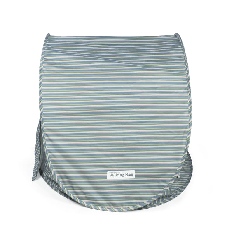 Tenda pop-up de tecido às riscas azul e verde com etiqueta Walking Mum
