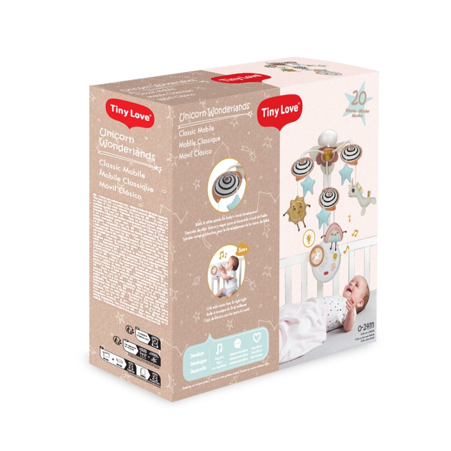 Caixa de móbile infantil Tiny Love Unicorn Wonderlands com imagem de berço e bebé