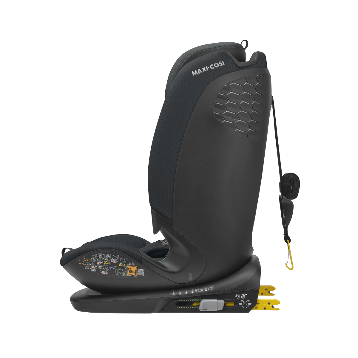 Cadeira auto infantil Maxi-Cosi preta com base ISOFIX e instruções na lateral