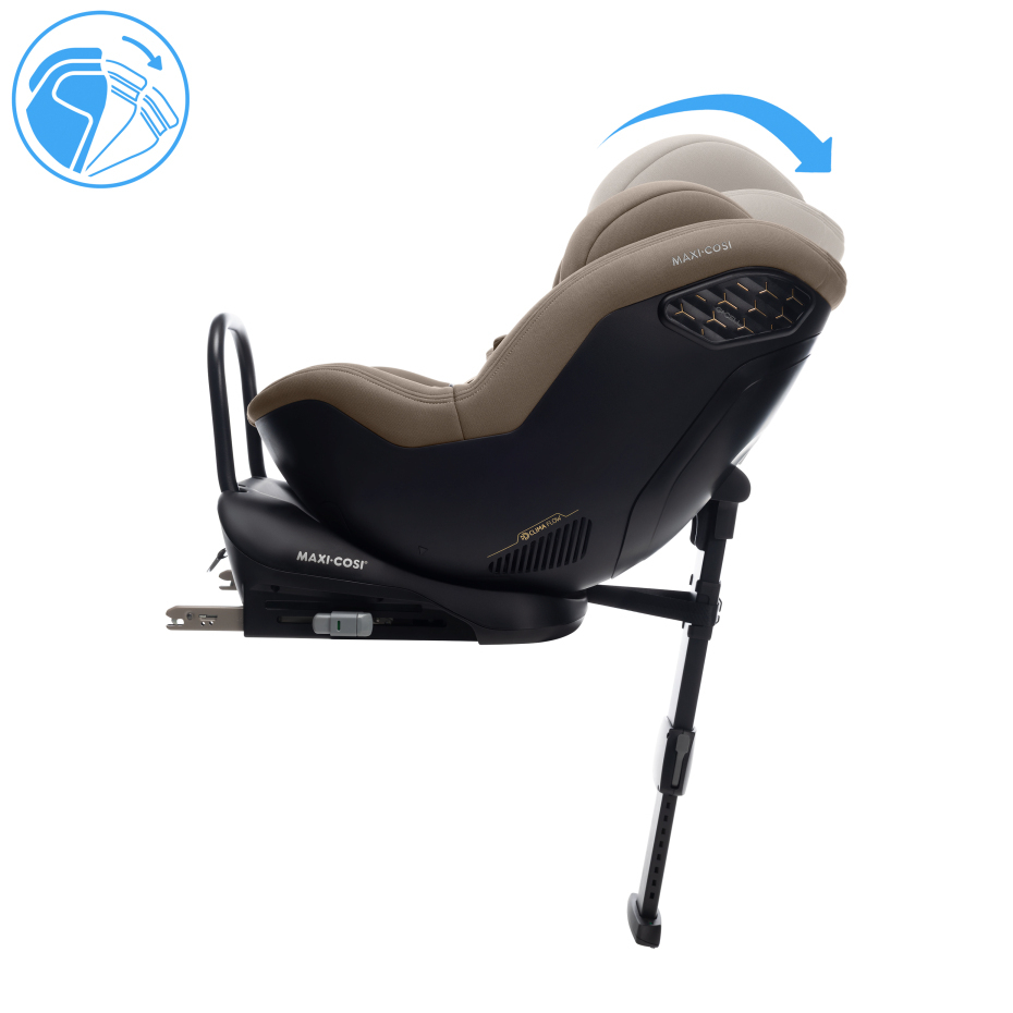 Cadeira auto Maxi-Cosi em preto e bege com base e suporte ajustável