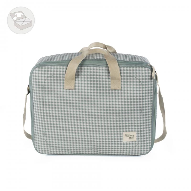 Mala de mão xadrez cinza claro com alças bege e etiqueta frontal