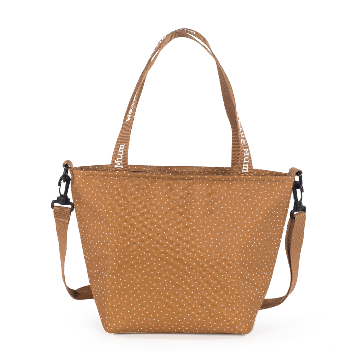 Bolsa castanha com pontos brancos e alças em tecido com texto branco