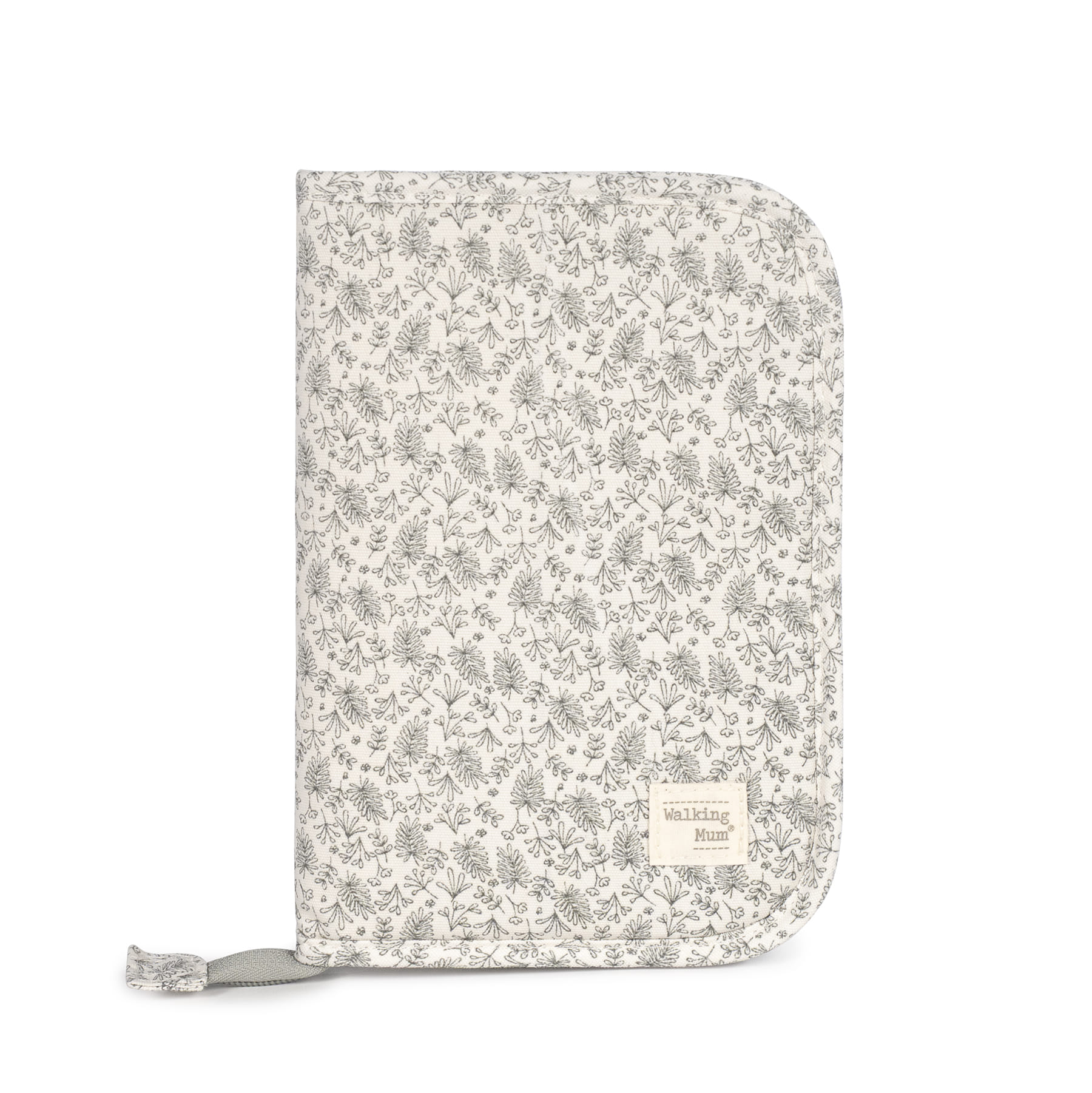 Estojo pasta cinza claro com padrão floral cinza escuro e etiqueta Walking Mum